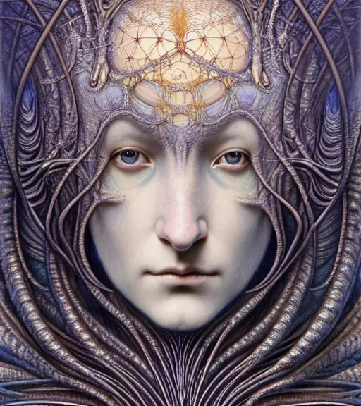 Image similar to detailed realistic beautiful twilight goddess face portrait by jean delville, gustave dore, iris van herpen and marco mazzoni, art forms of nature by ernst haeckel, art nouveau, symbolist, visionary, gothic, neo - gothic, pre - raphaelite, fractal lace, intricate alien botanicals, ai biodiversity, surreality, hyperdetailed ultrasharp octane render