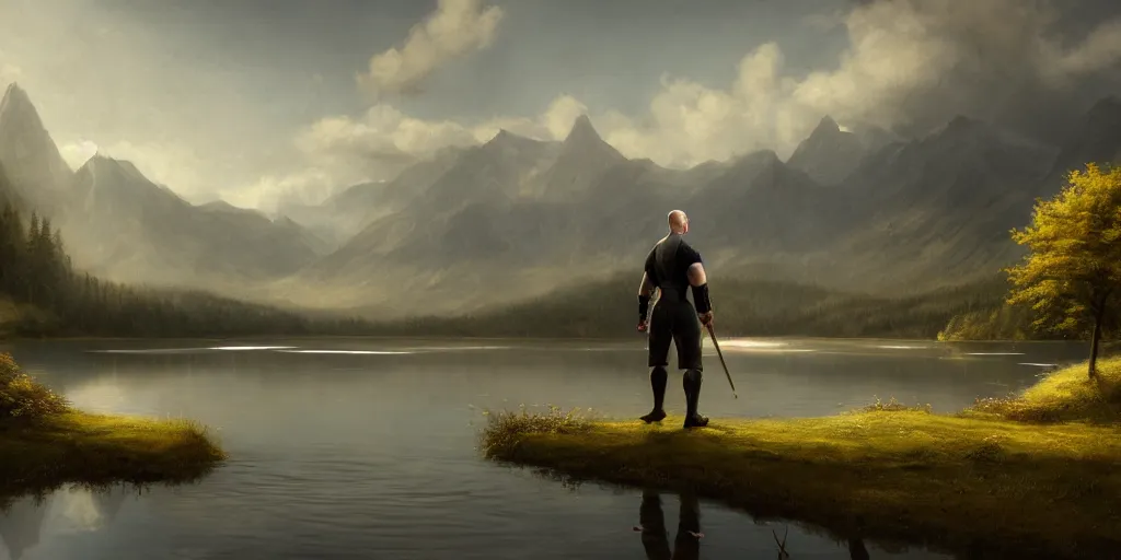 Image similar to beautiful landscape of small lake at midday with distant mountains and close - up of a bald symmetric man in medieval armor, ultra realistic, highly detailed, hd, sharp focus, cinematic lighting, realistic, vivid colors, gritty, matt painting, digital art, non blurry, sharp, artstation, concept art, smooth, illustration