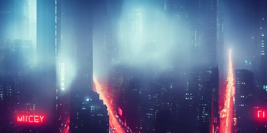 Image similar to megacity streets seen from above, neon signs, giant screens, eerie fog, blade runner, ex machina