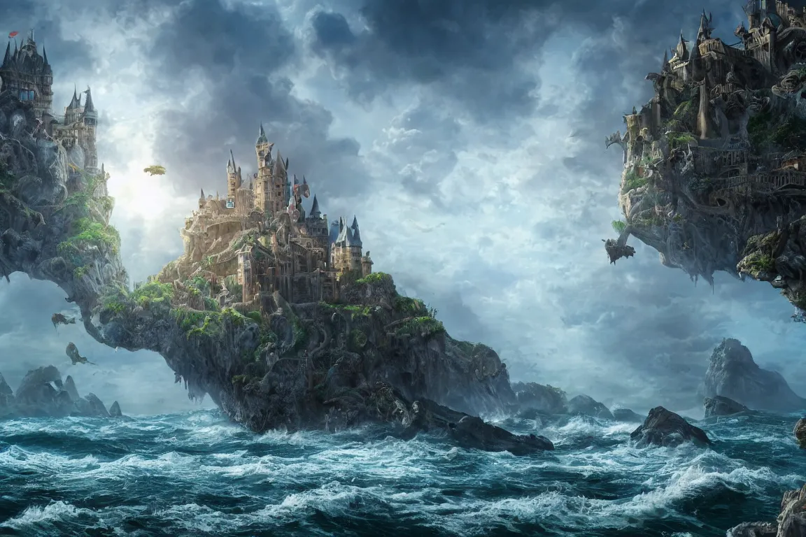 Image similar to an epic fantastic realism painting of a castle city being devoured by the ocean's beasts, 8 k, ultra realistic, lens flare, atmosphere, glow, detailed, intricate, full of colour, cinematic lighting, trending on artstation, 4 k, hyperrealistic, focused, extreme details, unreal engine 5, cinematic, masterpiece