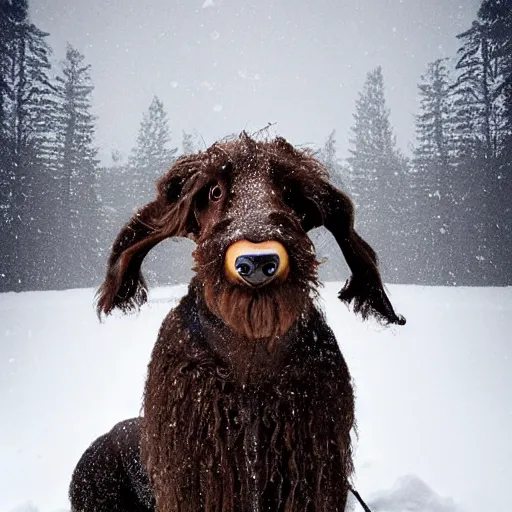 Image similar to Giant woolly dachshund with mammoth tusks, in the middle of a snow storm