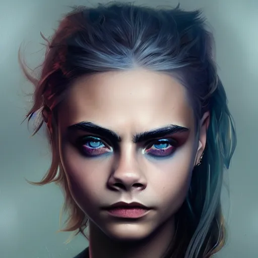 Image similar to cara delevingne, colorful oil painting by greg rutkowski, charlie bowater, yuumei, yanjun cheng, unreal 5, daz, hyperrealistic, octane render, rpg portrait, dynamic lighting, fantasy art, beautiful face