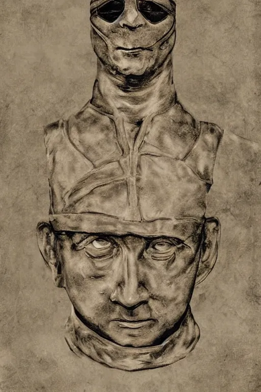 Image similar to donatello from tmnt, portrait, full body, symmetrical features, silver iodide, 1 8 8 0 photograph, sepia tone, aged paper, sergio leone, master prime lenses, cinematic