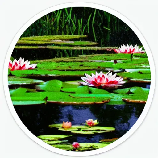 Image similar to sticker!!! with close - up of a smiling frog in the pond with water lilies, medieval castle on background, shallow depth of field, highly detailed, ominous, digital art, masterpiece, matte painting, sharp focus, matte painting, by isaac levitan, monet, asher brown durand,