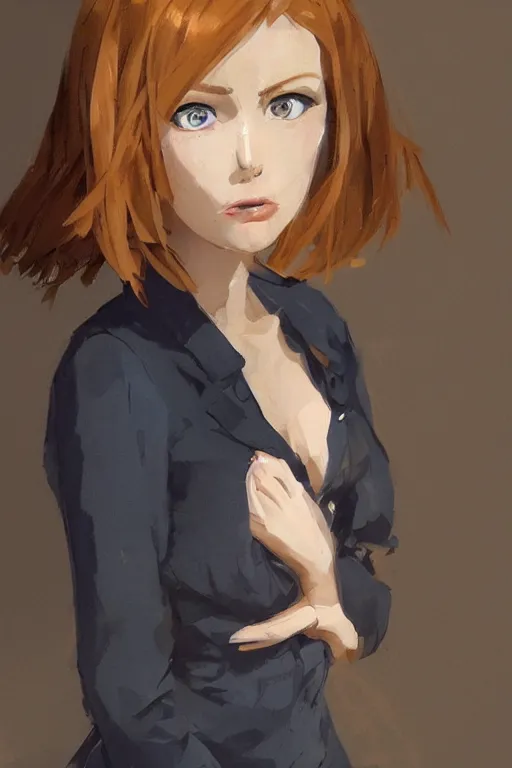 Image similar to beautiful woman with ginger hair and bright blue eyes, black dress, by ilya kuvshinov, krenz cushart, Greg Rutkowski, trending on artstation
