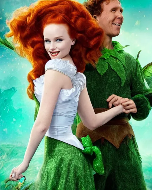 Prompt: Madelaine Petsch as Peter Pan and Will Ferrel dressed as Tinkerbell, cinematic, Trending on Artstation, in the style of Ridley Scott, Neverland, Magical, Ethereal