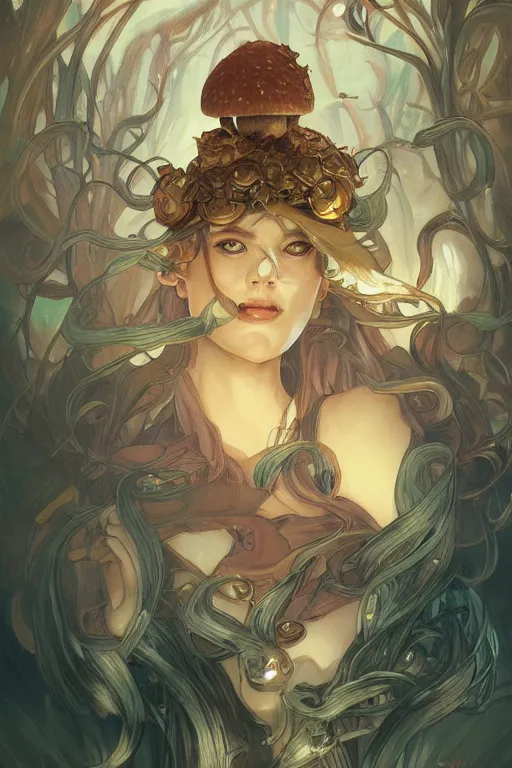 Prompt: mushrooms with faces, manga cover style, D&D, fantasy, highly detailed, digital painting, artstation, concept art, sharp focus, illustration, art by artgerm and greg rutkowski and alphonse mucha