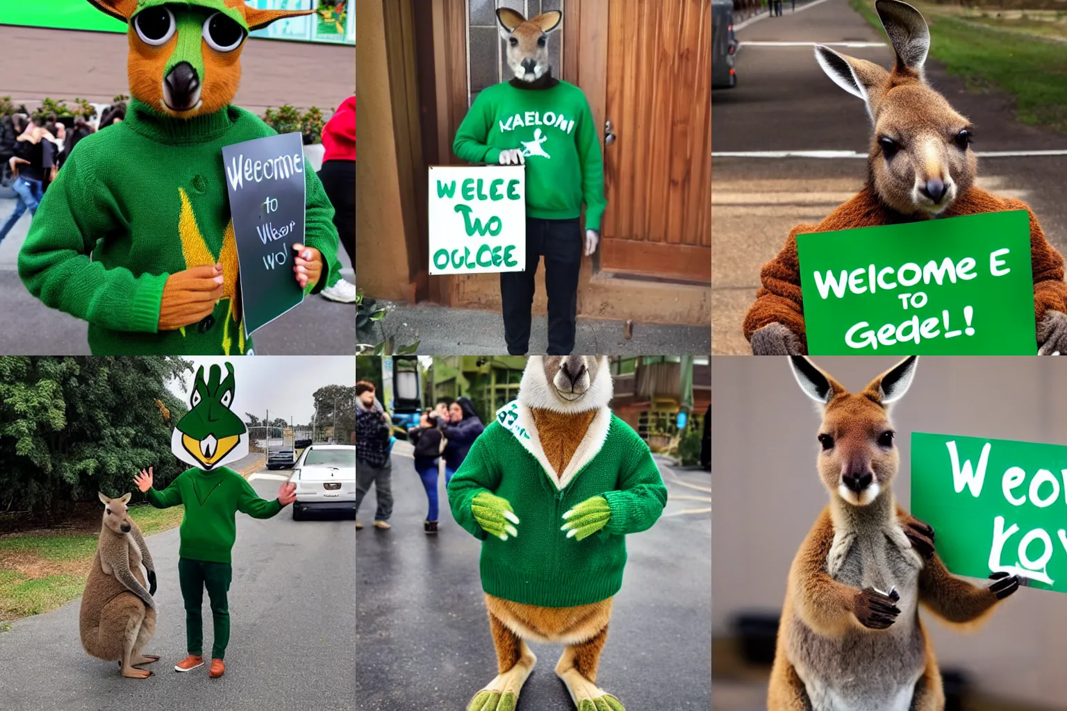 Prompt: A kangaroo wearing a green sweater is holding a sign that says Welcome,