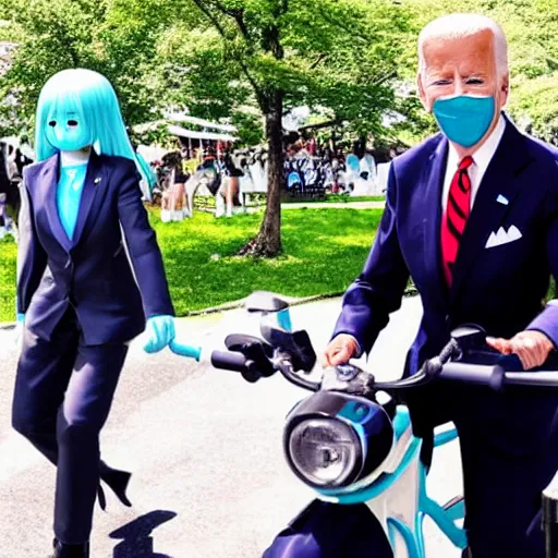 Prompt: joe biden riding hatsune miku like a horse