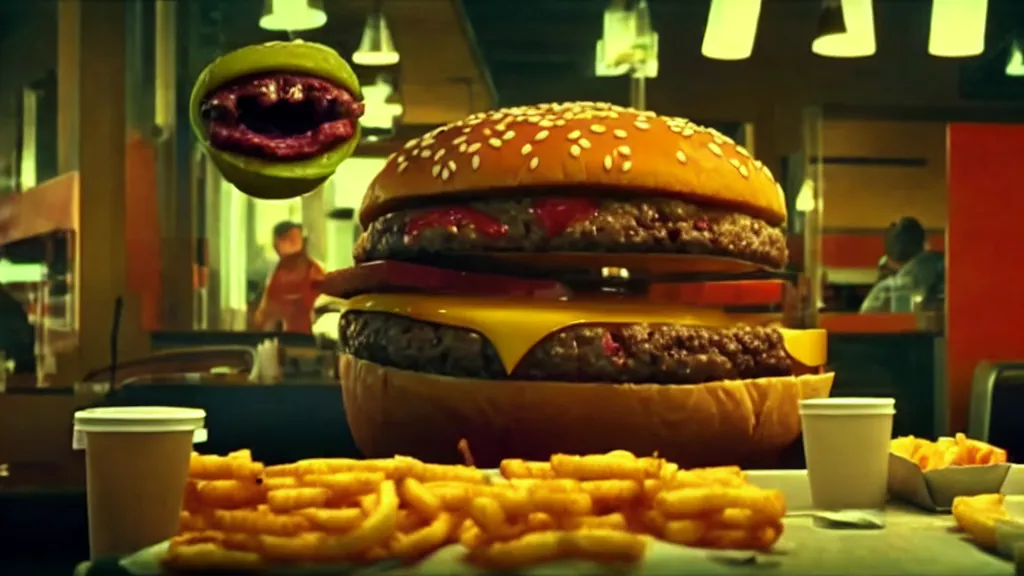 Prompt: the strange cheeseburger creature at the fast food place, film still from the movie directed by denis villeneuve and david cronenberg with art direction by salvador dali and zdzisław beksinski, commercial, wide lens