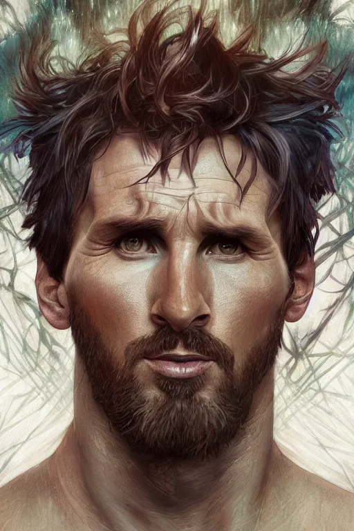 Image similar to portrait of lionel messi as a hulking herculean demon, forest, godlike, full body, fantasy, intricate, elegant, highly detailed, digital painting, artstation, concept art, sharp focus, illustration, art by artgerm and greg rutkowski and alphonse mucha