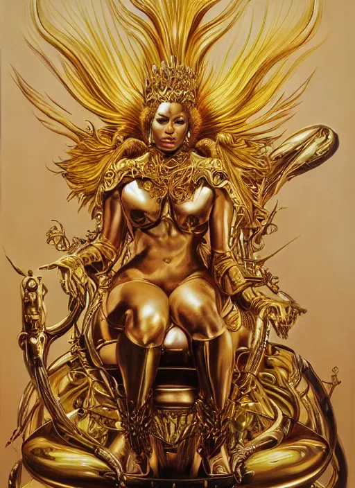 Prompt: airbrush painting of an amazing golden queen seated over a fantasy throne, by hajime sorayama and boris vallejo, realistic, hyperdetailed, centered, fantastic, masterpiece, trending on artstation,