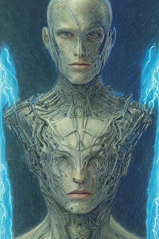 Image similar to portrait of beautiful gothic and futuristic young man, warhammer, cyber armor, a lot of scars, thunderstorm and fire, blue head, the middle ages, highly detailed, artstation, illustration, art by jean delville, 8 k quality, art by jean delville, max ernst