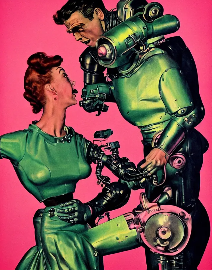 Prompt: a female housewife!!!! being hugged by a manly metal - suited!!! robot!!!!, 1 9 5 0 s horror film movie poster style, ( norman rockwell oil painting ), close - up shot, tight shot, retro science fiction, vintage, saturated pink and green lighting, shadowy lighting