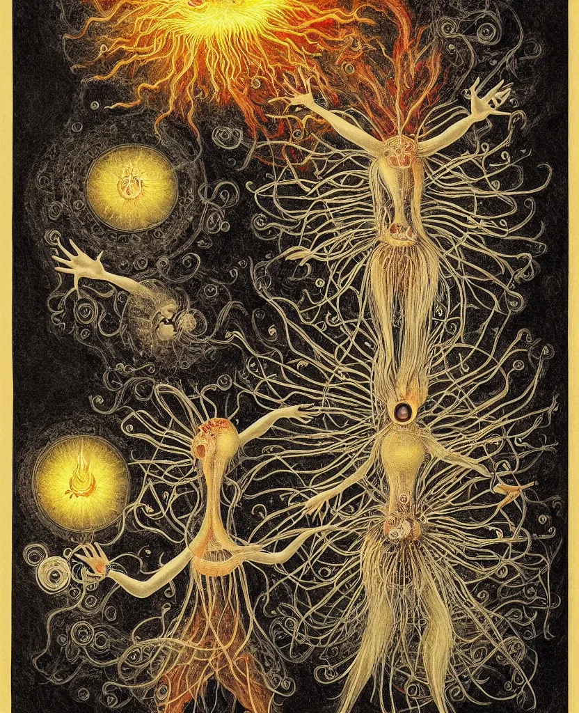 Image similar to whimsical freaky creature sings a unique canto about'as above so below'being ignited by the spirit of haeckel and robert fludd, breakthrough is iminent, glory be to the magic within, painted by ronny khalil