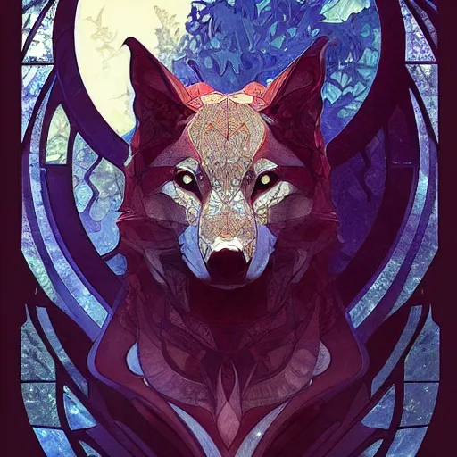 Prompt: Stylized Geometric Wolf, intricate, elegant, highly detailed, digital painting, artstation, stained glass, concept art, smooth, sharp focus, illustration, art by artgerm and greg rutkowski and alphonse mucha