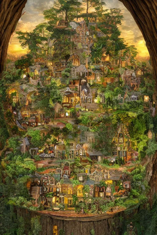 Prompt: a miniature city built into the trunk of a single colossal tree in the forest, with tiny people, in the style of james c christensen, lit windows, close - up, low angle, wide angle, awe - inspiring, highly detailed digital art
