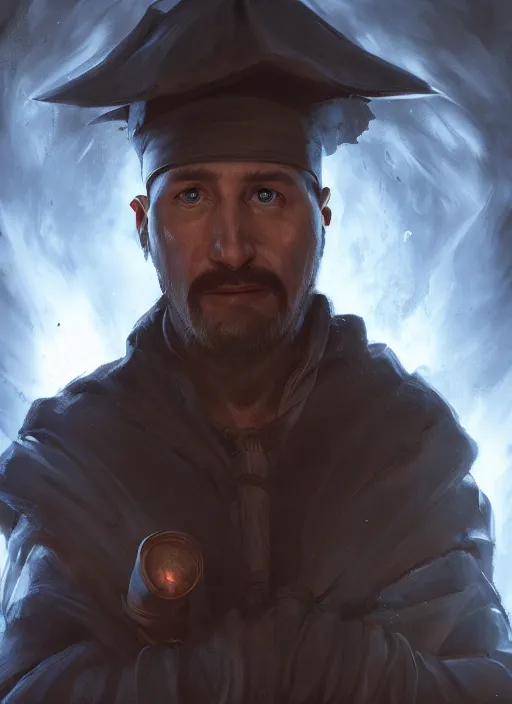 Prompt: A fantasy comic book style portrait painting of a 40 year old male as a Sorcerer in a atmospheric dark fortress, unreal 5, DAZ, hyperrealistic, octane render, RPG portrait, ambient light, dynamic lighting