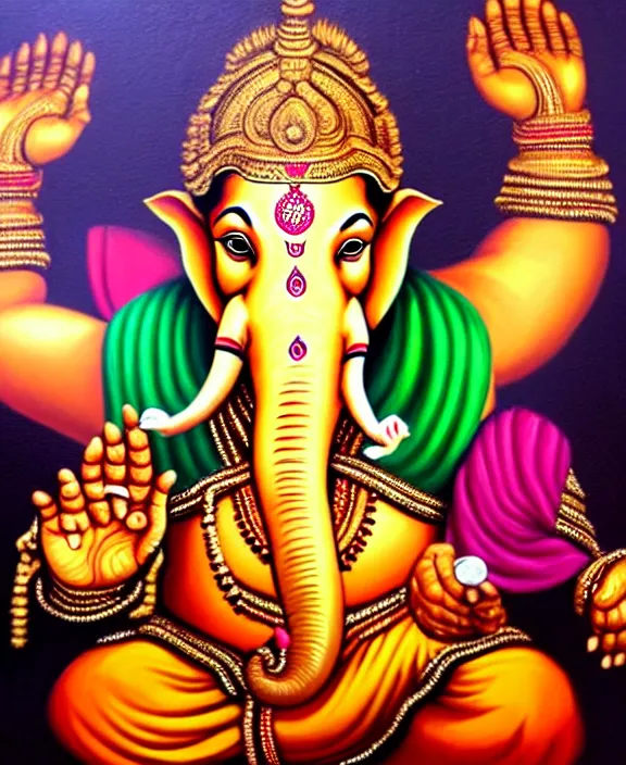 Image similar to 8 k, hyper realistic painting of lord ganesha in a warrior pose in the middle of mumbai