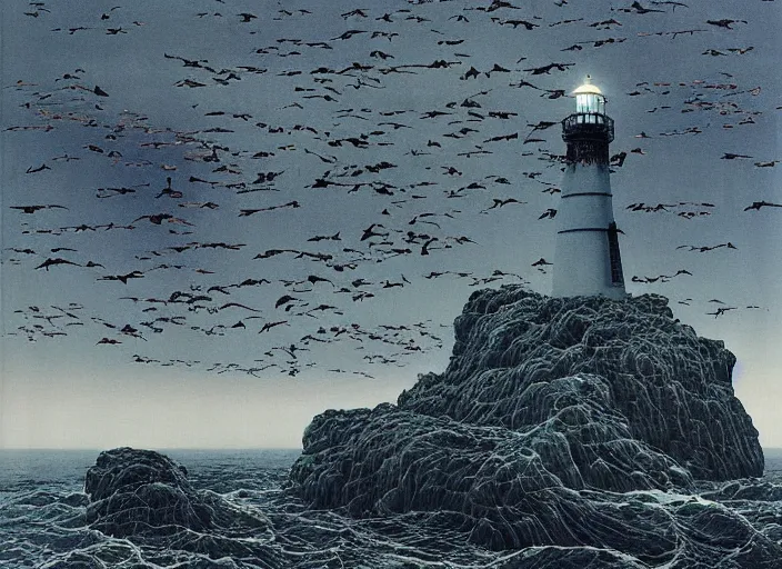 Image similar to worshippers in robes belonging to the cult of the lighthouse standing in waves with ravens flying overhead, a lighthouse, ravens, high detailed beksinski painting, part by adrian ghenie and gerhard richter. art by takato yamamoto and gerald scarfe. masterpiece, dark and moody, deep colours, blue - h 8 9 6