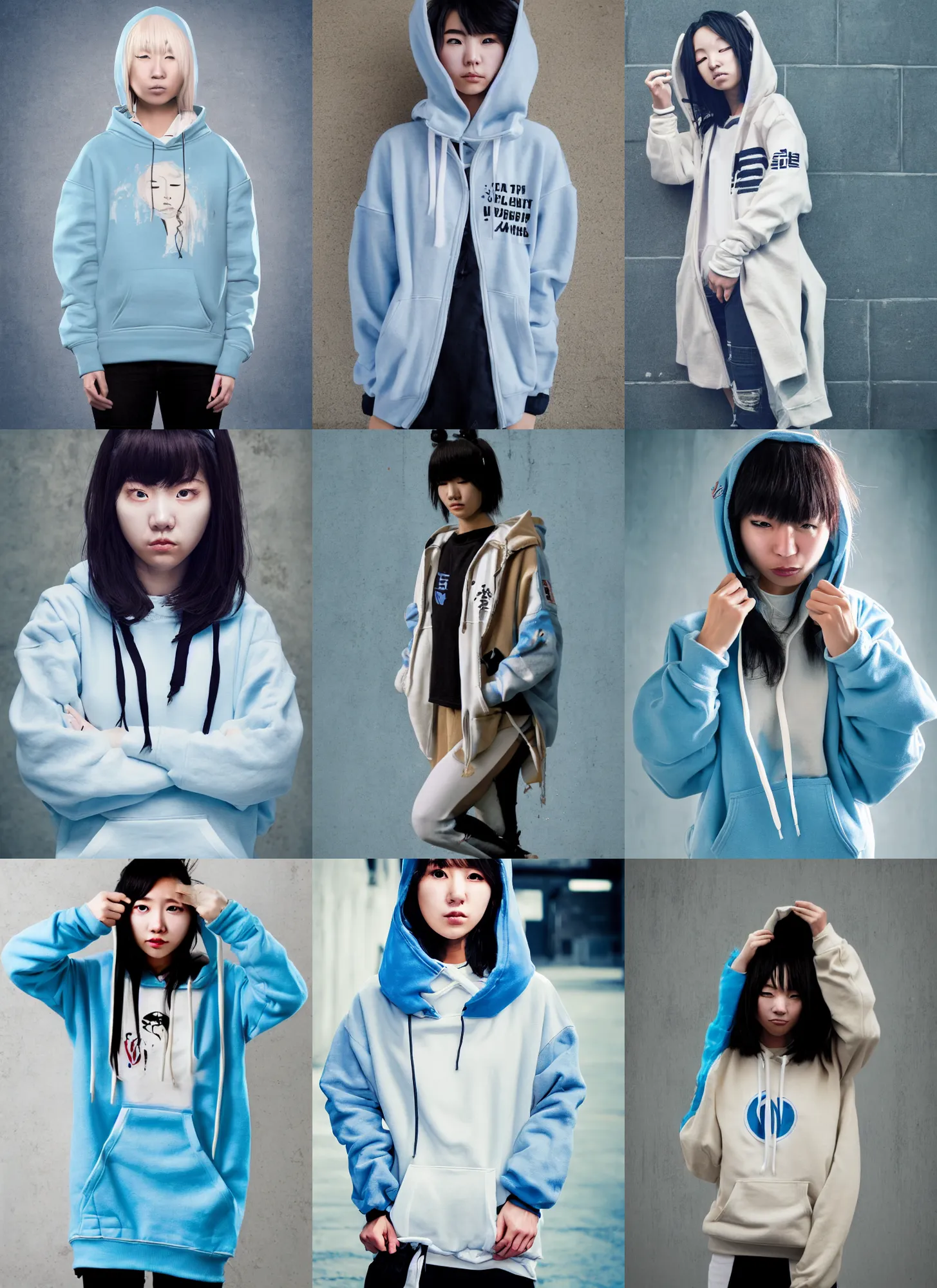 Prompt: portrait of a korean sewer punk female student, hoody, cream and light blue color scheme, grunge aesthetic