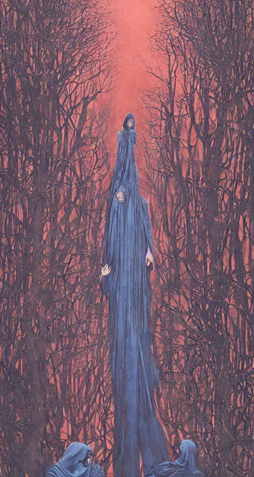 Image similar to worshippers in robes belonging to the cult of the dark forest standing in the darkness, high detailed beksinski painting, part by adrian ghenie and gerhard richter. art by takato yamamoto. masterpiece, deep colours, blue