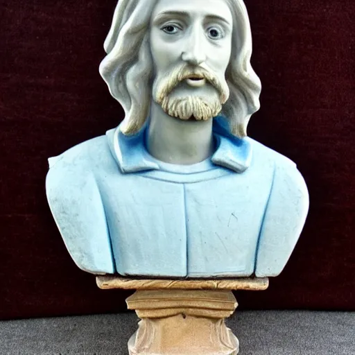 Prompt: holy roman chalkware Jesus bust antique painted pearlescent blue sacred Catholic