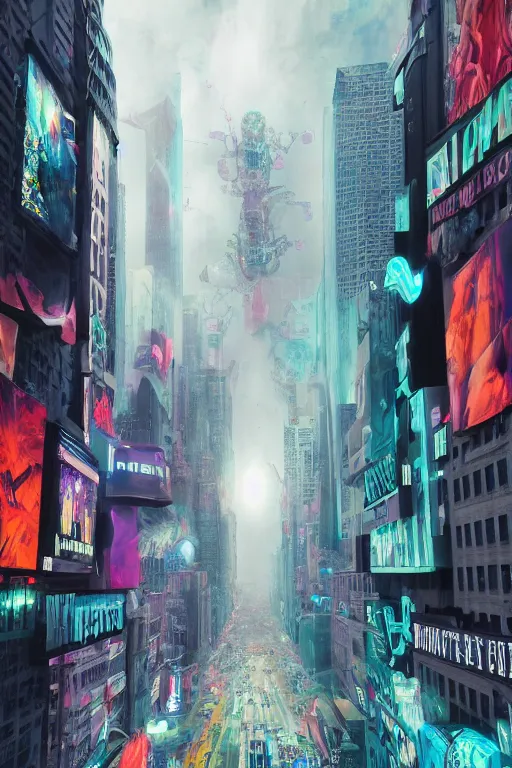 Image similar to the infinite arts of the dream robots taking over new york by mia brownell, very detailed, maximalism, ambient occlusion, volumetric light, atmospheric haze, hyper realism, futuristic but colorful shading, cinematic composition, realistic render, photography, wide shot