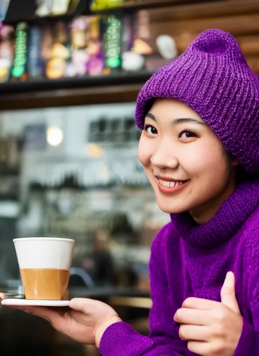 Image similar to young adult asian woman in a coffee shop wearing a beanie and a purple cyberpunk sweater smiling, natural light, magazine photo, 5 0 mm