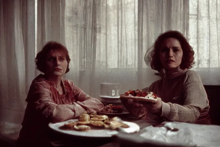 Image similar to soviet movie still a soviet woman sitting at a table next to the window with food, dark warm light, a character portrait by margarita terekhova, movie stalker solaris film still by andrei tarkovsky, 8 k, 1 9 8 4, close - up bokeh, gelios lens, color, noir