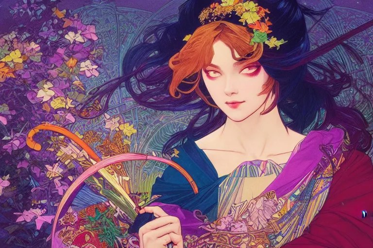 Image similar to colorful prince, night, japan, 4 k, ultra realistic, beautiful colors, epic lighting, machines, high detail, masterpiece, trending on artstation by artgerm and akihito tsukushi and alphonse mucha, crayons