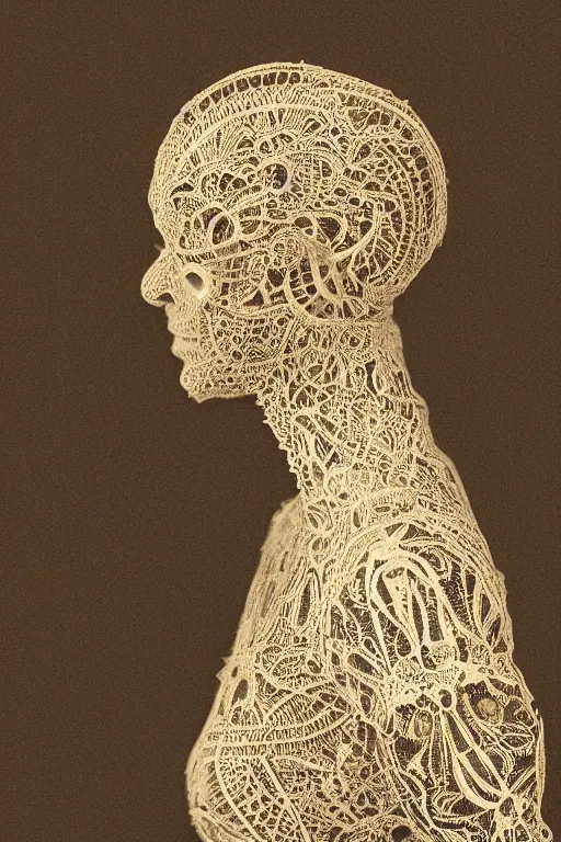 Image similar to a woman's face in profile, made of intricate decorative lace skeleton, in the style of the dutch masters and gregory crewdson, dark and moody