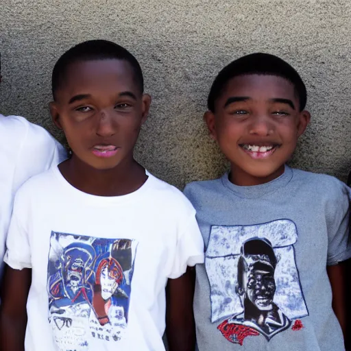 Prompt: five black boys with white hair and rio de janeiro public school t - shirts