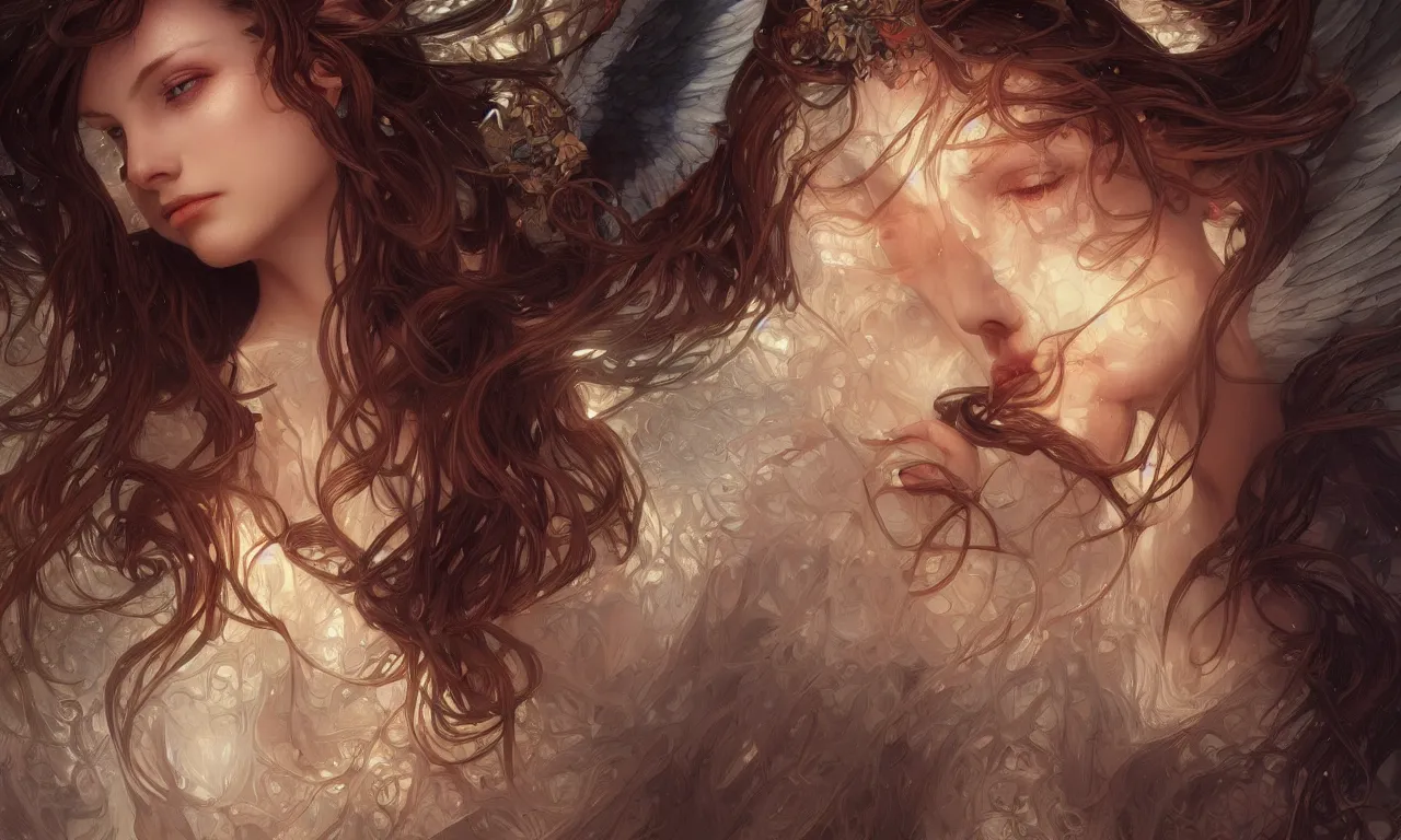 Image similar to close up portrait of beautiful angel, d & d, face, fantasy, intricate, elegant, highly detailed, digital painting, artstation, concept art, smooth, sharp focus, illustration, art by artgerm and greg rutkowski and alphonse mucha