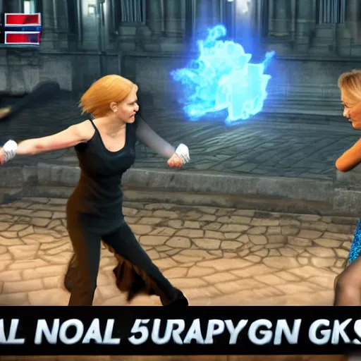 Image similar to Mortal Combat 5 screenshot of first Minister Nicola Sturgeon fighting British conservative Mp Liz Truss in battle