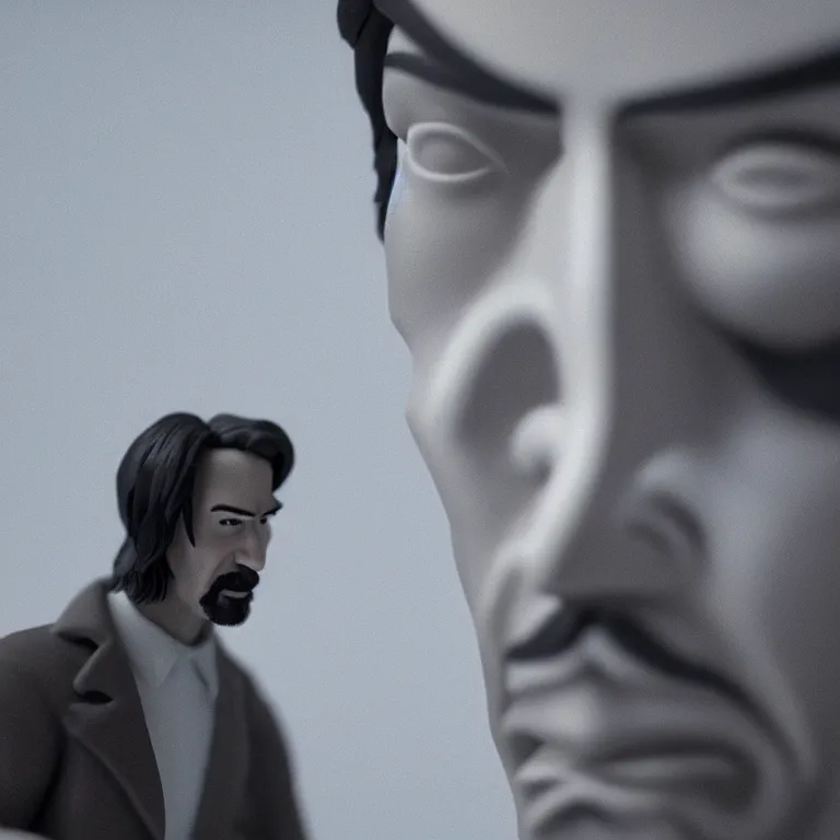 Image similar to a cinematic film still of a claymation stop motion film starring keanu reeves, portrait, shallow depth of field, 8 0 mm, f 1. 8