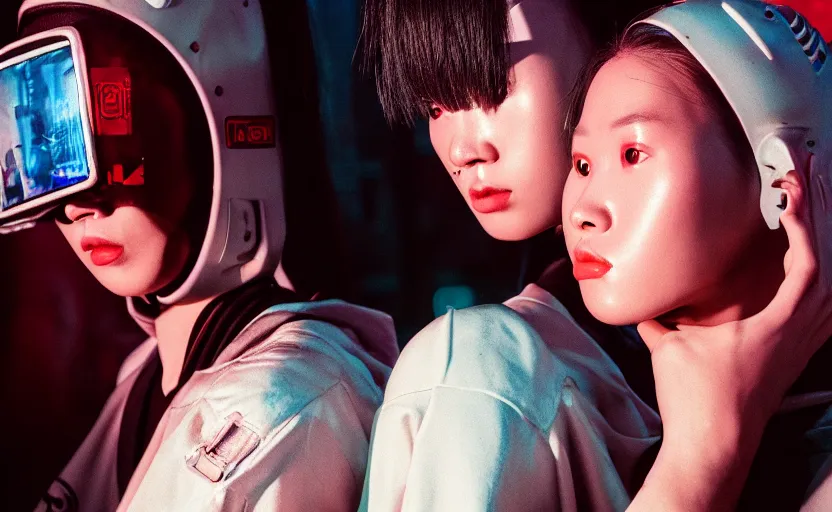 Image similar to cinestill 5 0 d photographic portrait of two female androids wearing streetwear talk at a bar in cyberpunk china, extreme closeup, modern cyberpunk, dust storm, 8 k, hd, high resolution, 3 5 mm, f / 3 2, ultra realistic faces, intricate detail, ex machina