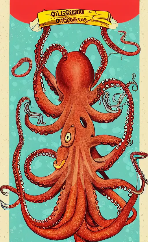 Image similar to highly detailed illustration of octopus eating a cheeseburger, concert poster, symmetrical, 8 k, trending, vintage