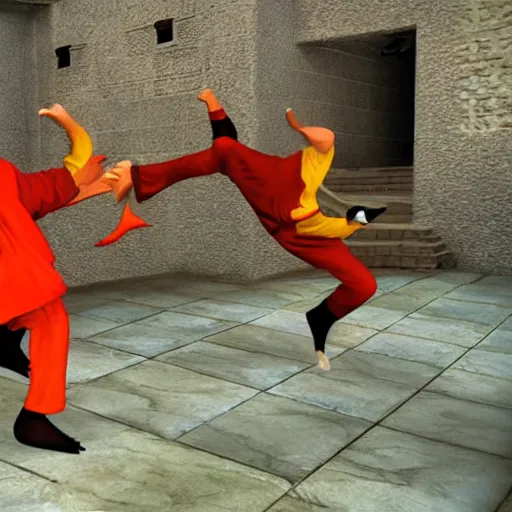 Image similar to real cats dressed as shaolin monks fighting each other, 4k, highly detailed