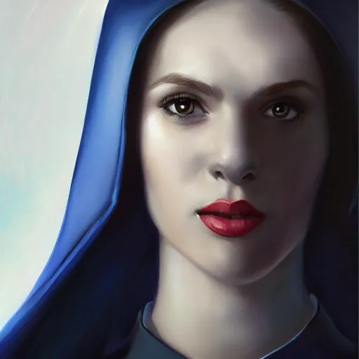 Image similar to a beautiful cartoon still portrait of a young woman superhero wearing a tight navy blue lycra suit with a white cape white cowl white shoulders, 4 k oil on linen by wlop, artgerm, andrei riabovitchev, nuri iyem, james gurney, james jean, greg rutkowski, highly detailed, soft lighting 8 k resolution