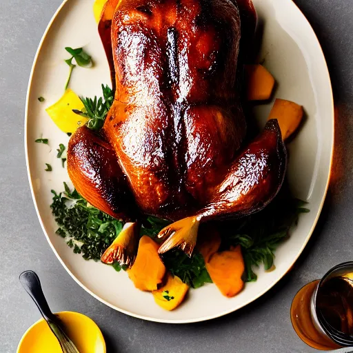 Prompt: photo of a delicious roasted duck, food photography