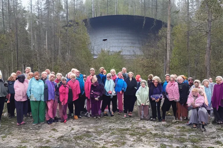 Image similar to senior citizen yoga club meeting, outside Cherynobyl nuclear reactor during meltdown