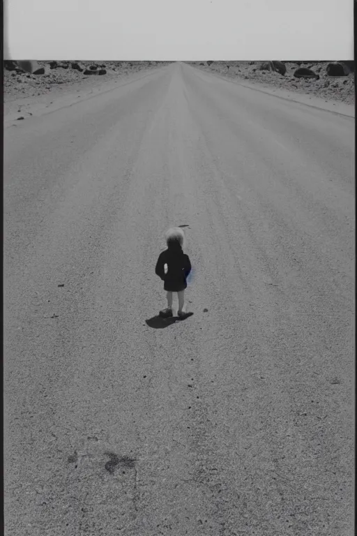 Image similar to photo polaroid of sad and lonely child in the middle of the street, sahara desert, loneliness, black and white ,photorealistic, 35mm film,