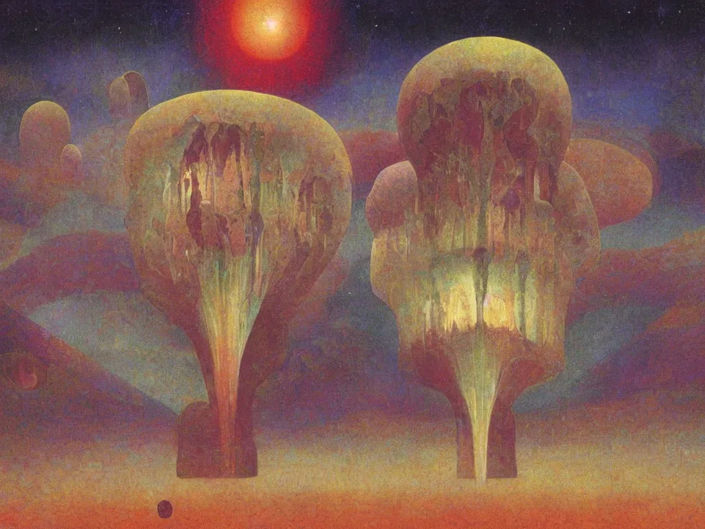 Prompt: study of the psychedelics dream bot mothership over the sublime sacred rock. painting by mikalojus konstantinas ciurlionis, bosch, wayne barlowe, agnes pelton, rene magritte