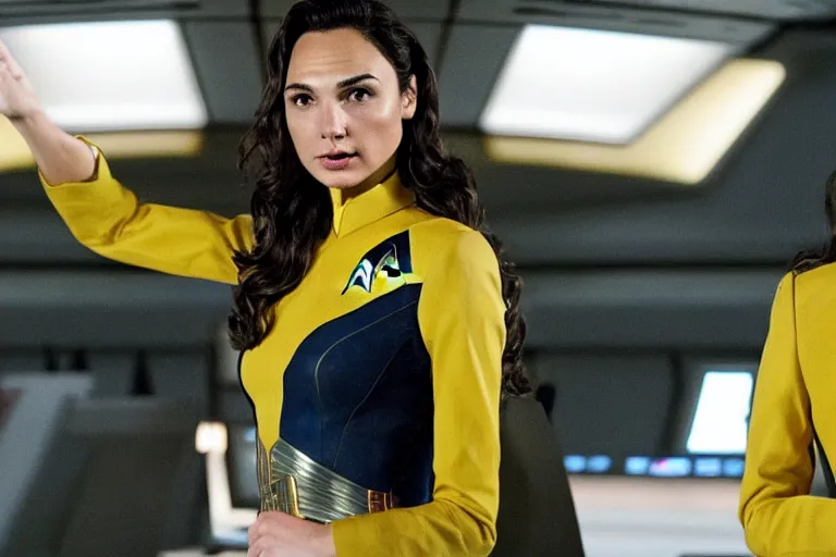 Image similar to Gal Gadot, wearing a yellow uniform, is the captain of the starship Enterprise in the new Star Trek movie