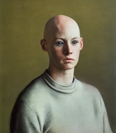 Prompt: a high quality, high detail, portrait photography of an attractive non - binary bald person by andrew wyeth