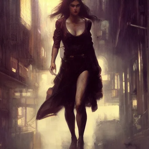 Image similar to alexandra daddario, hyperrealistic full figure, bladerunner street alley, art of elysium by frank frazetta and by jeremy mann and by alphonse mucha, fantasy art, photo realistic, dynamic lighting, artstation, full figure poster, volumetric lighting, very detailed face, 4 k, award winning