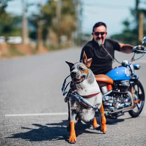 Image similar to blue heeler dog on a motorcycle, 8 k photography, blurred background of a wafflehouse