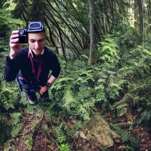 Image similar to a photo of a person looking down at a go pro they discovered in the forest