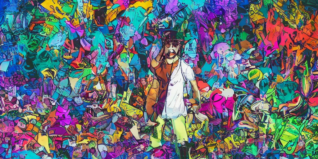 Image similar to rapper performing at huge festival holding microphone, epic pose, digital art, vaporwave, psychedelic, surreal, hip hop, trending on Artstation, professional artist, detailed, 4k